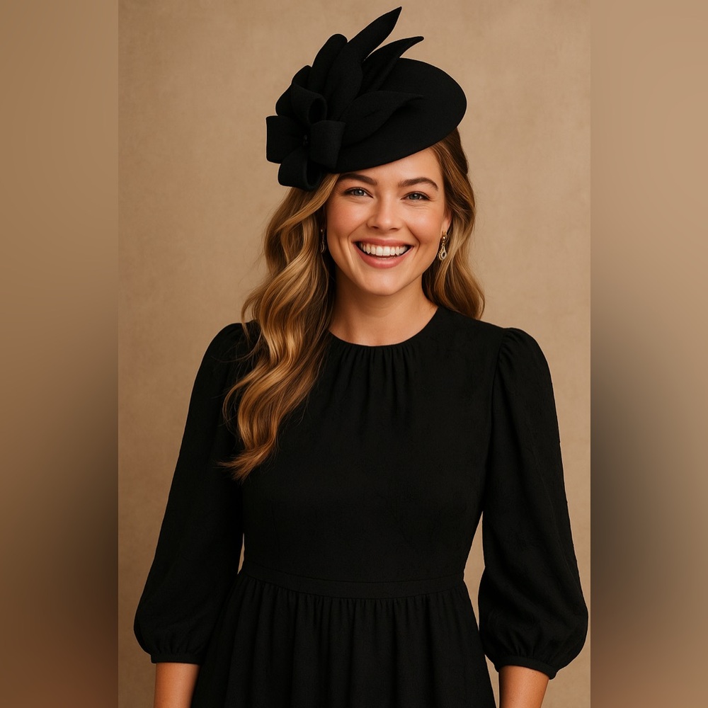 Black Fascinator Floral Flower Accent Wool Felt Pillbox Hat Headwear Formal